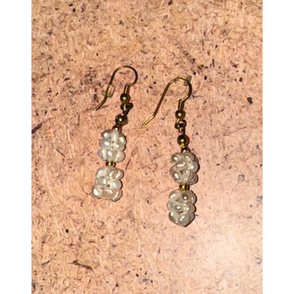 Handmade Dangling Earrings With Faux Pearls & Gold Beads - Picture 9 of 14